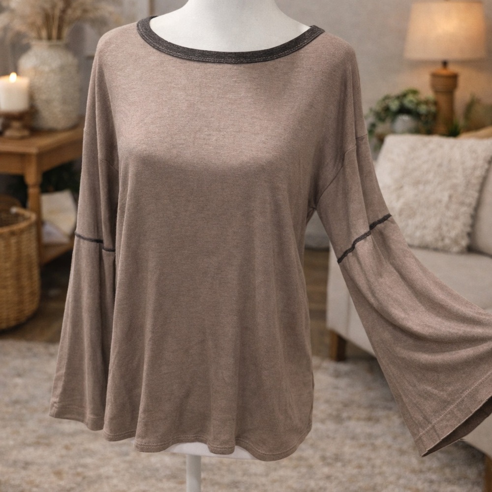 Bell bottom sleeve Cotton Blue Elegant Tan Women's Top NWOT S M